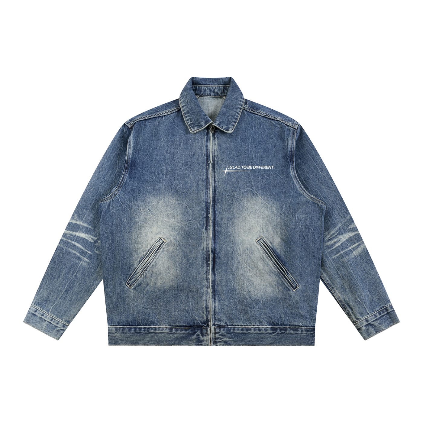 "IAM" Vintage Wash Zip Up Denim Jacket