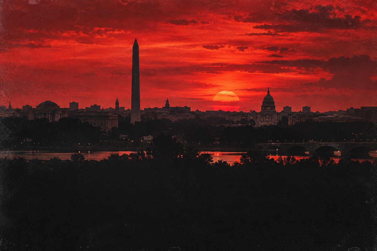 Illustrated Washington DC skyline beneath a textured red sunset